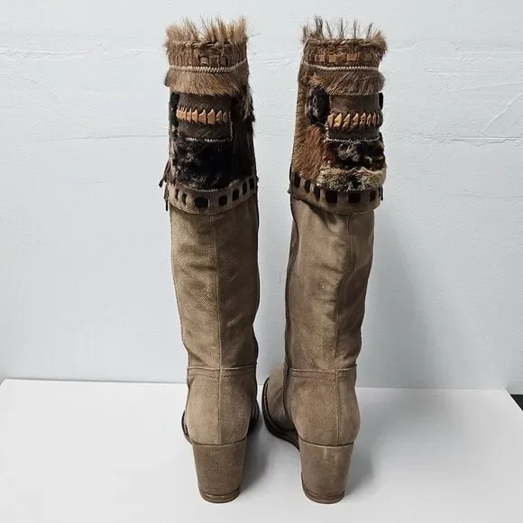 Apepazza Ninfa Boots Womens 9.5 Tan Suede Leather Wedge Boho Tribal Patchwork - Picture 4 of 14